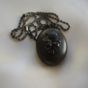 Antique Victorian Vulcanite Mourning Locket Necklace High Relief Carved Leaf